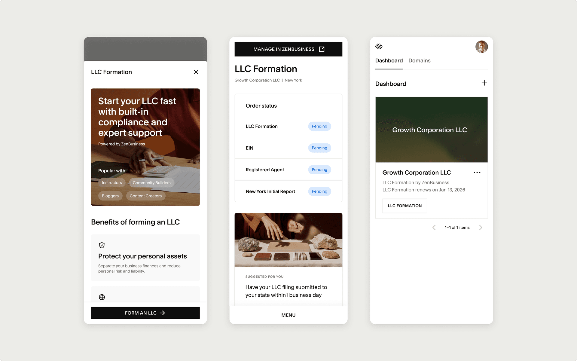 A close-up of smaller design moments across the LLC Formation experience.