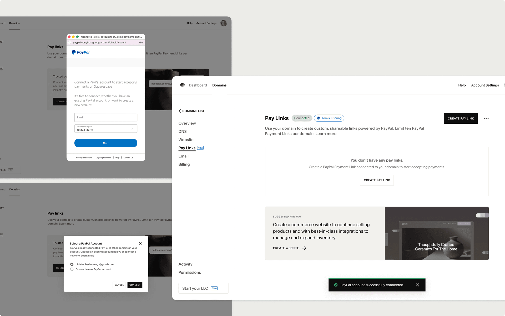 The PayPal connection screen during the Pay Links setup flow.