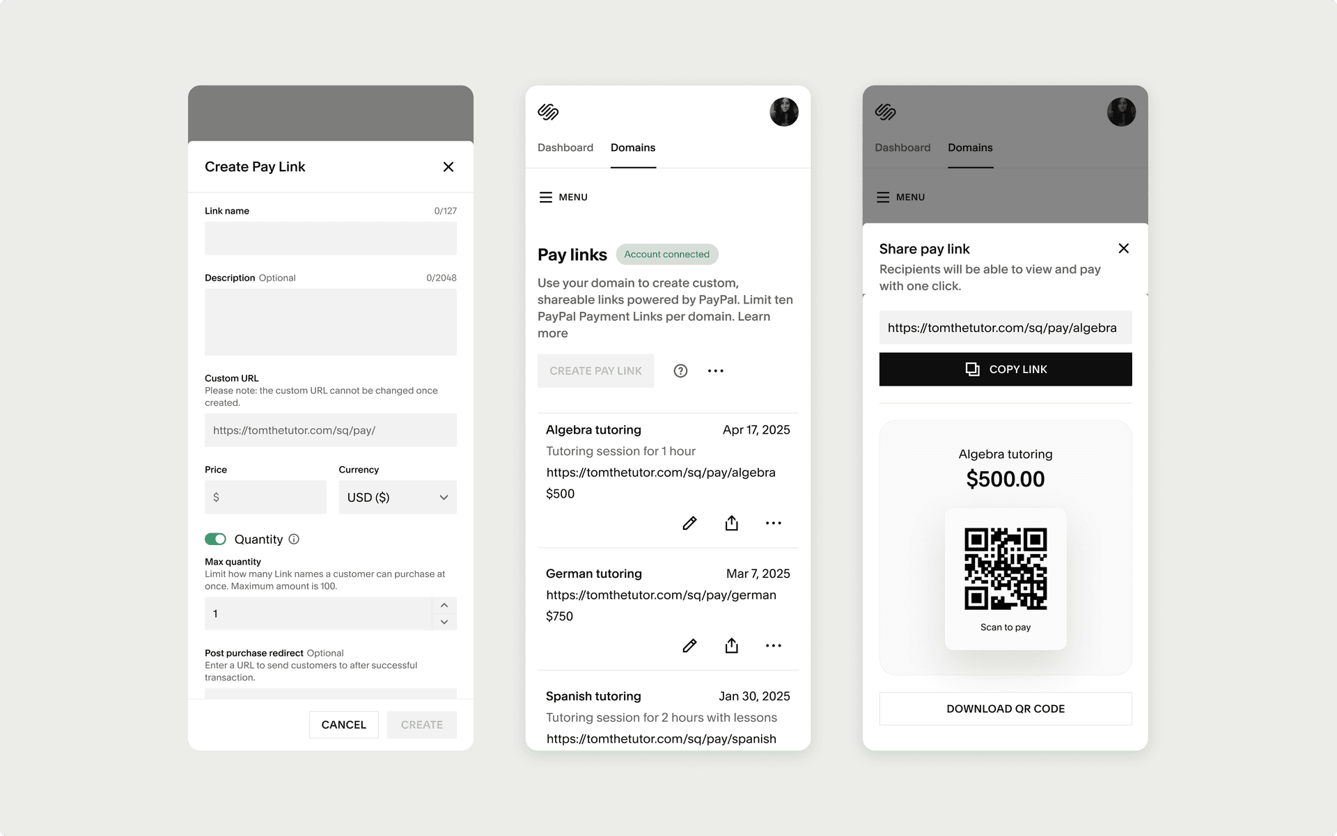 A close-up of a Pay Links state transition in the dashboard.