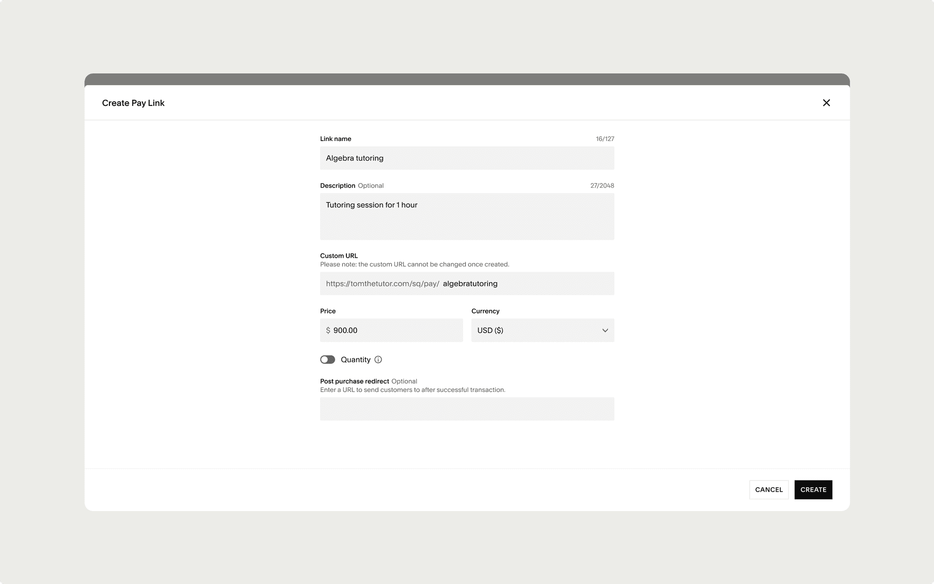 The Pay Links creation form with sample product details filled in.
